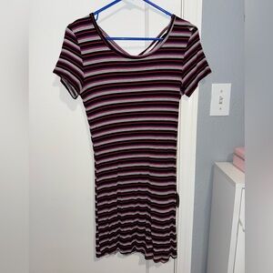 Purple pink and black striped mini dress with a flattering fit